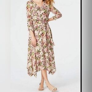 J. Jill Ivory Floral Pebble Hydrangea Garden 3/4 Sleeve V-Neck L Midi Dress
